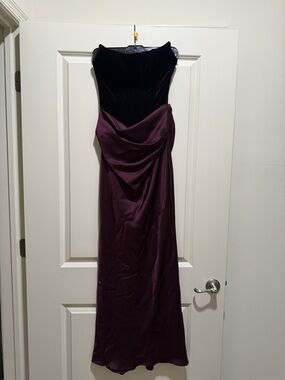 Strapless Black and Plum Evening Gown with Draped Skirt